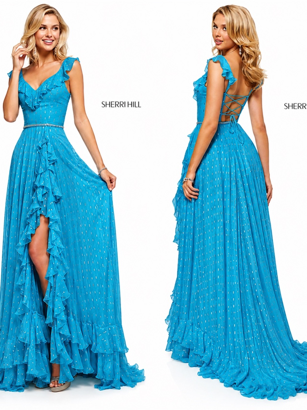 Sherri Hill 52643 Aqua Blue Metallic Chiffon Corset Ruffle Gown Size 12 - Picture 2 of 11